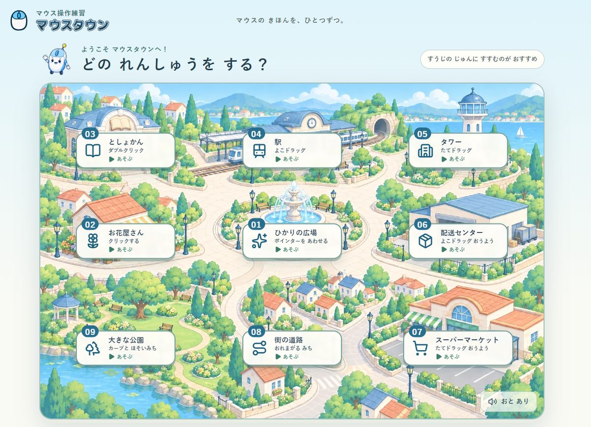 マウスタウンの街の画面。9つのレッスンが街のあちこちに並んでいる